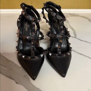 Valentino Black Leather Pointed Rockstud Strappy Heels
